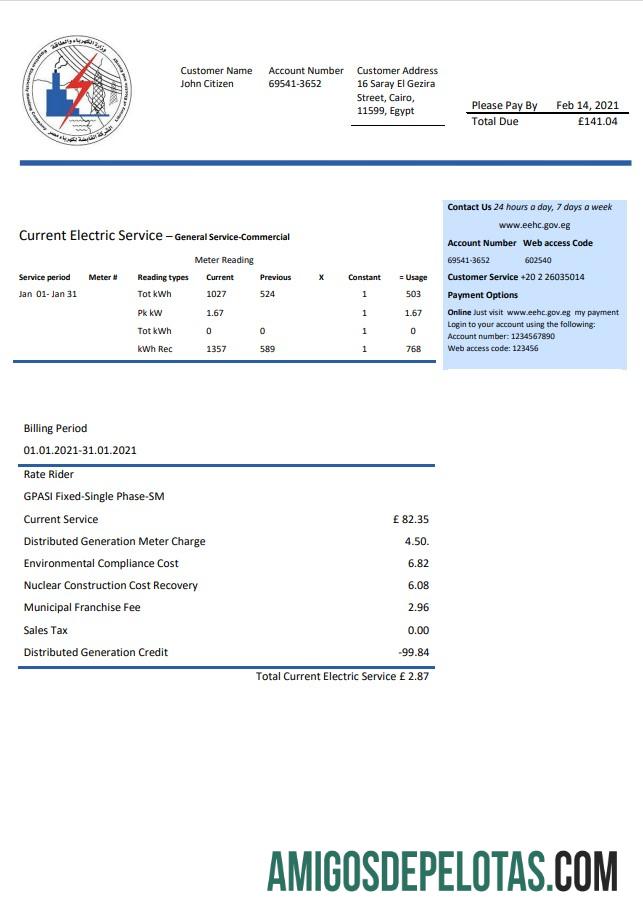 Para baxiar Egito Modelo de conta de serviços públicos de eletricidade egípcio em formato Word e PDF
